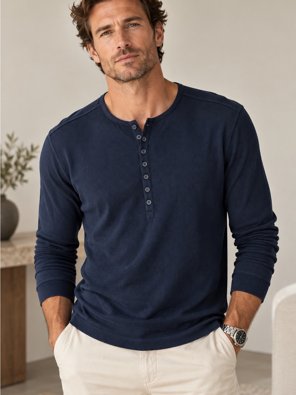 John Varvatos Luxe Navy Henley Long Sleeve Ribbed Shirt Men’s M Casual